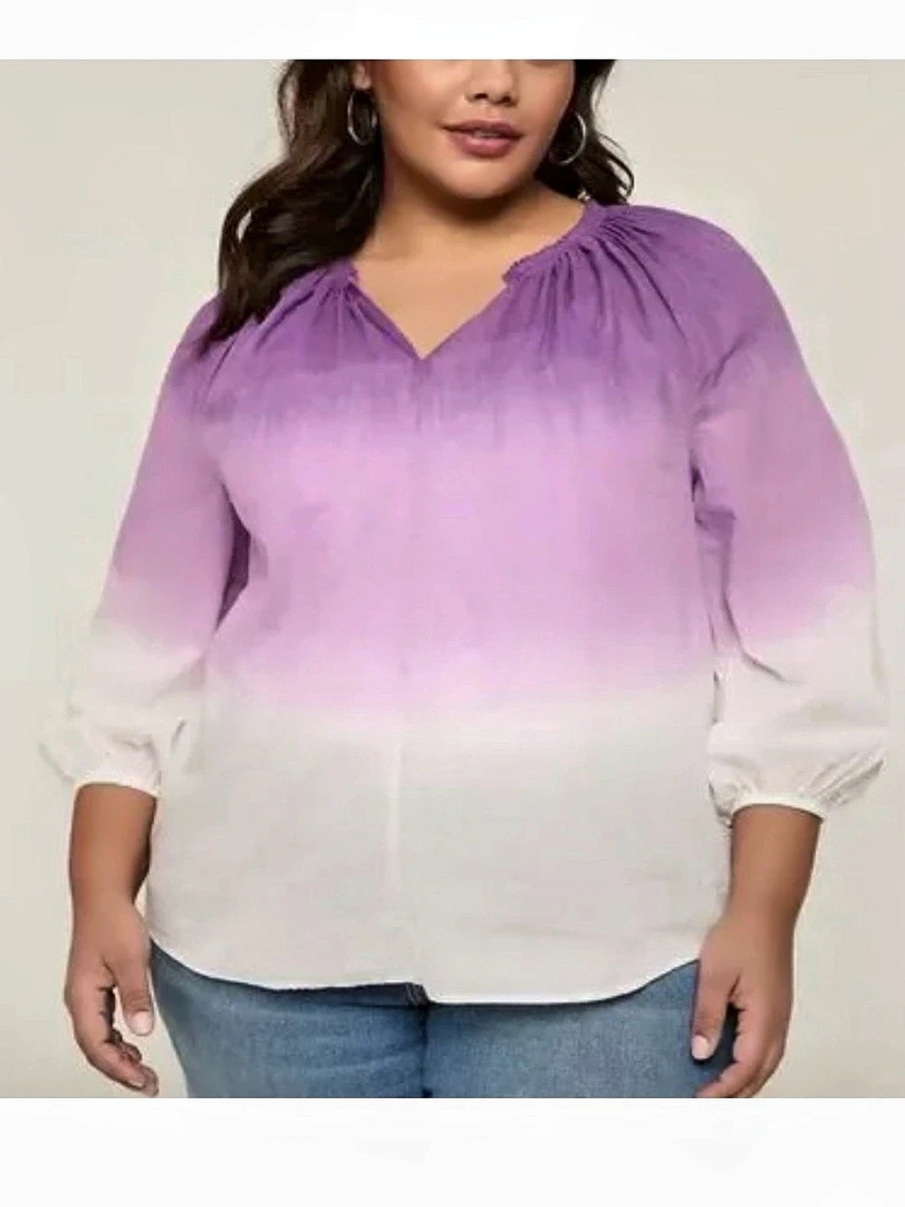 Lane Bryant Dip-Dye Notch-Neck Blouse Purple Color Block Cotton Size 26/28 NWT